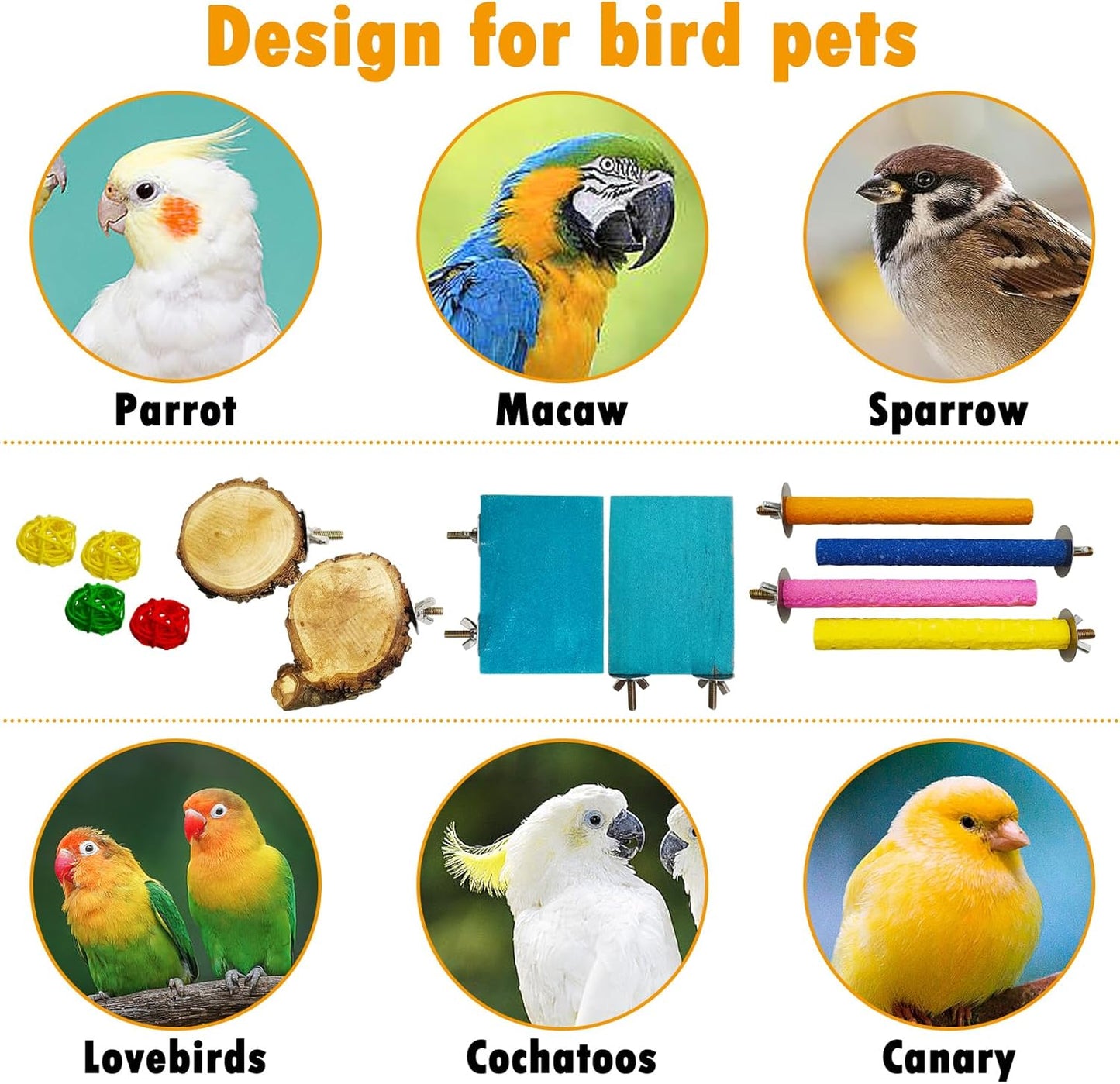 Hamiledyi Bird Perch Stand Wood Parrot Stand Platform Colorful Sand Paw Grinding Stick Rattan Wicker Balls Parakeet Chewing Toys for Cockatiel Conure Budgies Parakeet Lovebird（12Pcs）