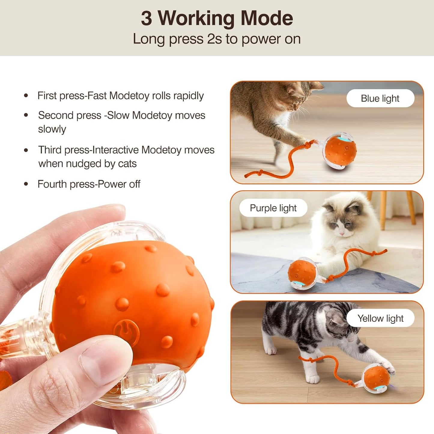 Electric Interactive Cat Toy Ball - Automatic Rolling Silicone Cat Toys for Indoor Cats, Durable Chew-Proof Motorized Kitty Ball with LED Light, Fun Exercise Toys for Bored Kittens（Orange）