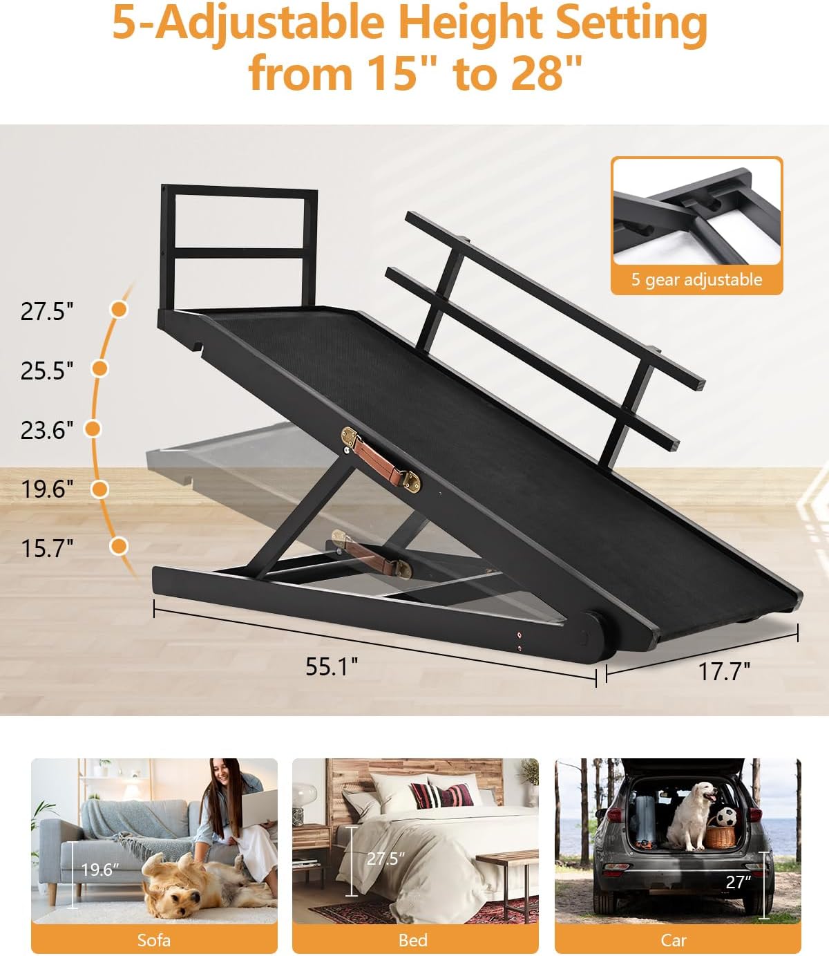 Dog Ramp for Bed, Dogs Bed Ramps for Large Dogs, Pet Ramp for Doggie to Get on Beds, 5-Position Pet Ramps for Large/Medium Dog for Couch/Car, Adjustable from 15" to 28" Height