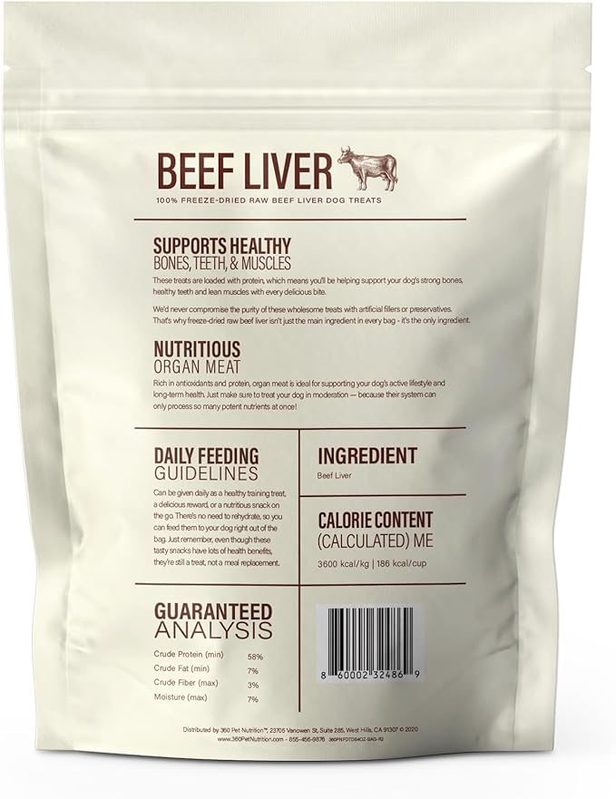 360 Pet Nutrition Freeze-Dried Raw Beef Liver Dog Treats – Single Ingredient, High Protein, Grain-Free, All-Natural Training Snacks, Made in USA, 4 oz
