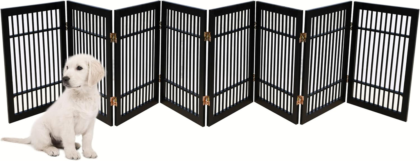 Pet Dog Gate Strong and Durable Freestanding Folding Acacia Hardwood Portable Wooden Fence Indoors or Outdoors by Urnporium (Black Pet Gate, 8 Panel 24" Tall)