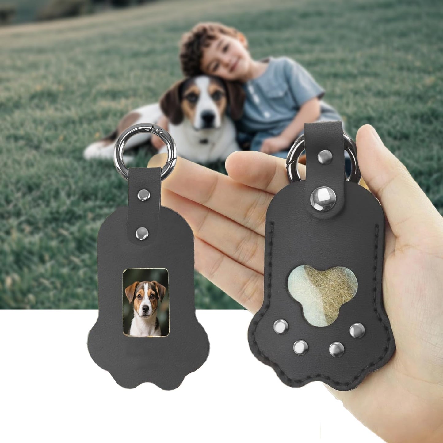 Leather Pet Memorial Keychain, Cat & Dog Hair Keychain, Cute Paw Shaped Keychain, Pet Memorial Gift for Pet Lovers, Key Holder with Collecting Pet Fur and Photo