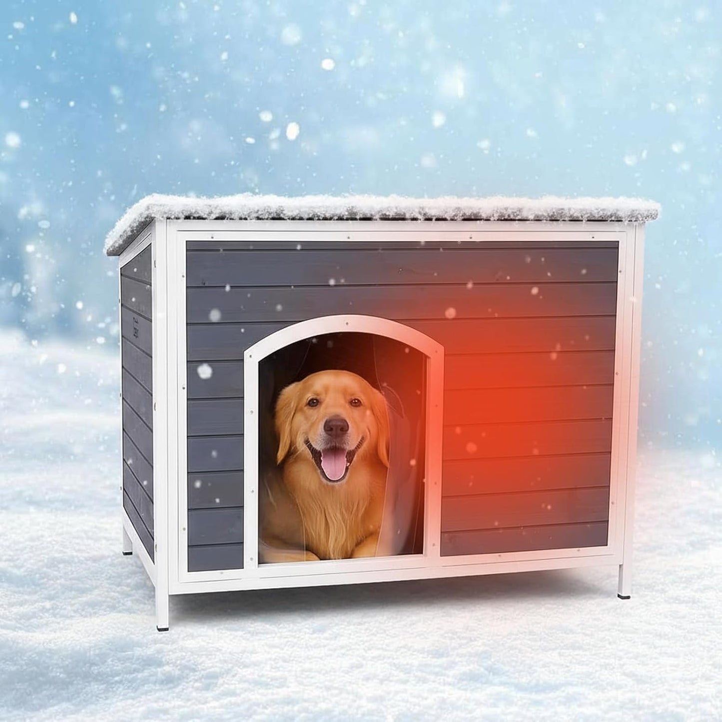 Geguri Large Outdoor Wooden Dog House for Medium to Large Dogs | Weatherproof Asphalt Roof, Chew-Resistant Frame,Indoor/Outdoor Use (Grey, 43.3" L × 26.4" W × 29.5" H)