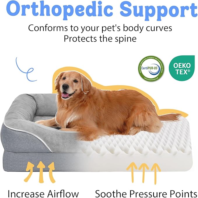 Orthopedic Washable Large Dog Bed - Egg Foam Dog Beds for Large and Medium Dogs Big Pet Beds with Removable Washable Cover and Bolster for Extra Large Dogs