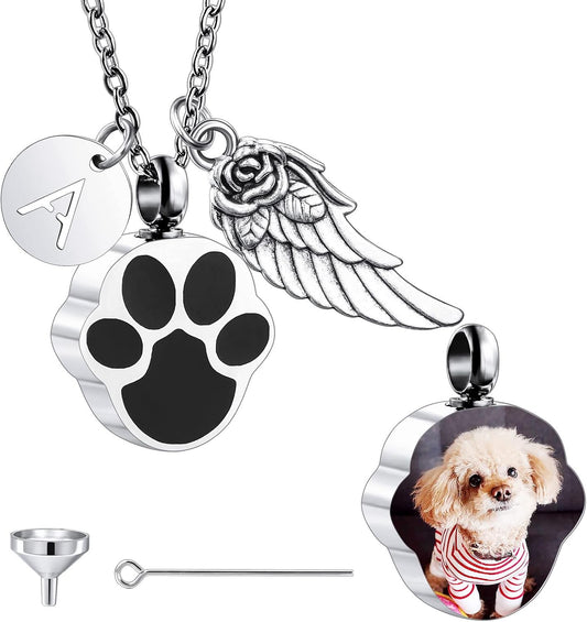 Personalized Urn Necklace for Pet Ashes Custom Photo/Name/Date Paw Print Pendant for Women Men Cremation Jewelry Memorial Keepsake for Dog/Cat/Pet Urn Necklace with Funnel Fill Kit