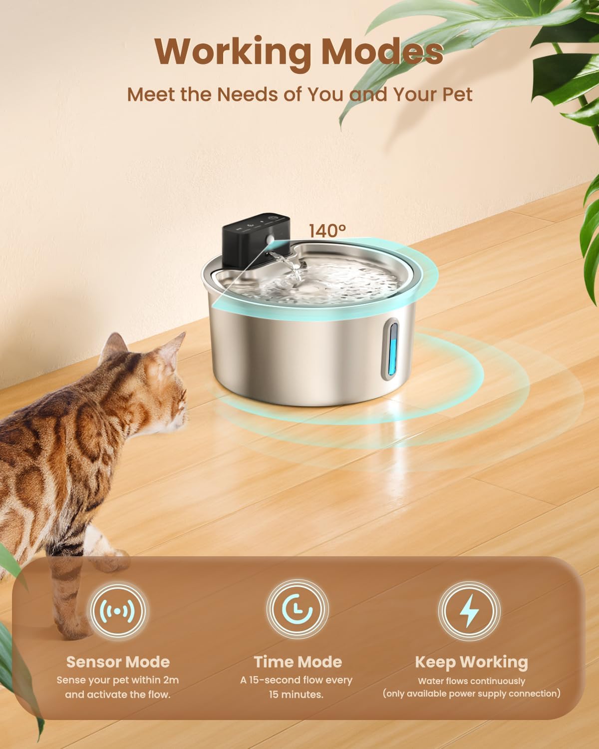 Wireless Cat Water Fountain Stainless Steel - 3.2L/108oz Cordless Pet Water Fountain Battery Operated Cats Water Dispenser Silent Rechargeable Automatic Fountain with 6 Filters 3 Sponges