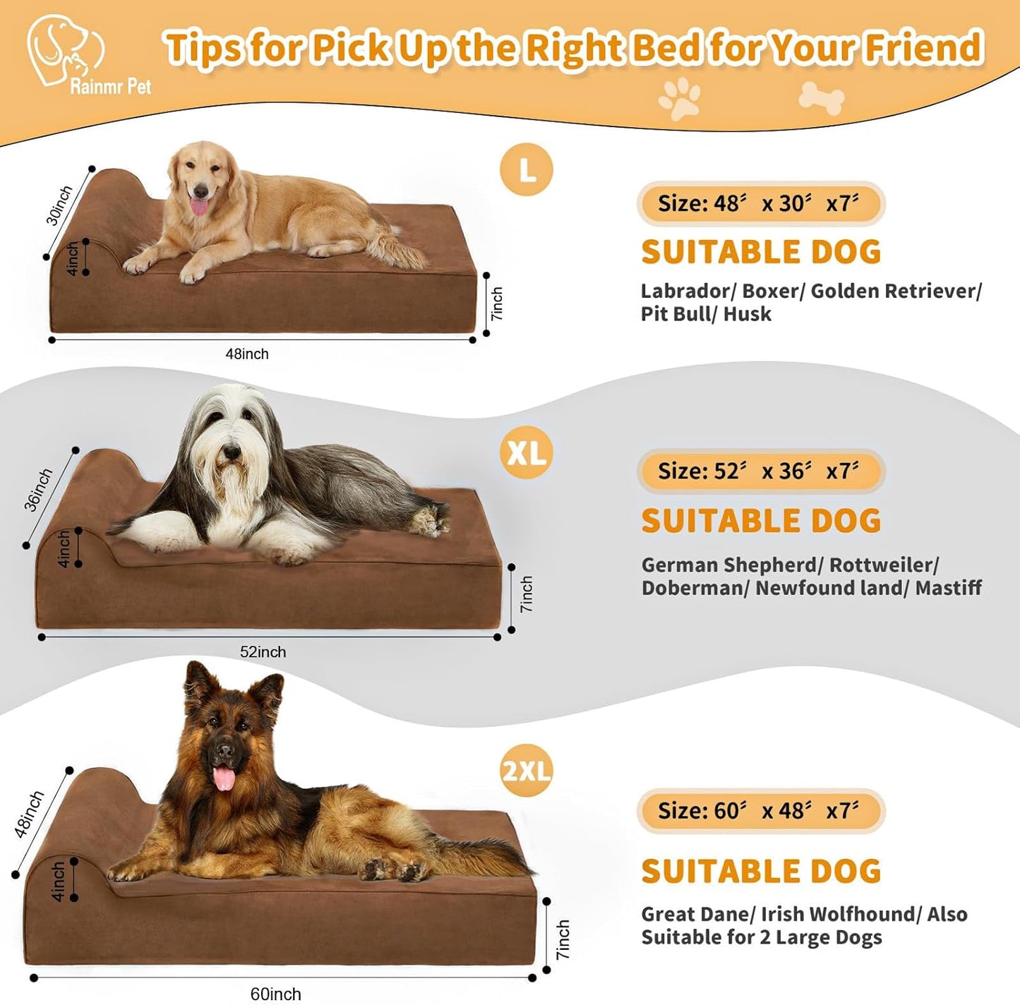 Orthopedic Dog Beds for Large Dogs, Memory Foam Dog Beds with Waterproof Liner, Chew Proof Microsuede Cover, Removable and Washable, Nonskid Bottom, 52"x36"x7" Chocolate