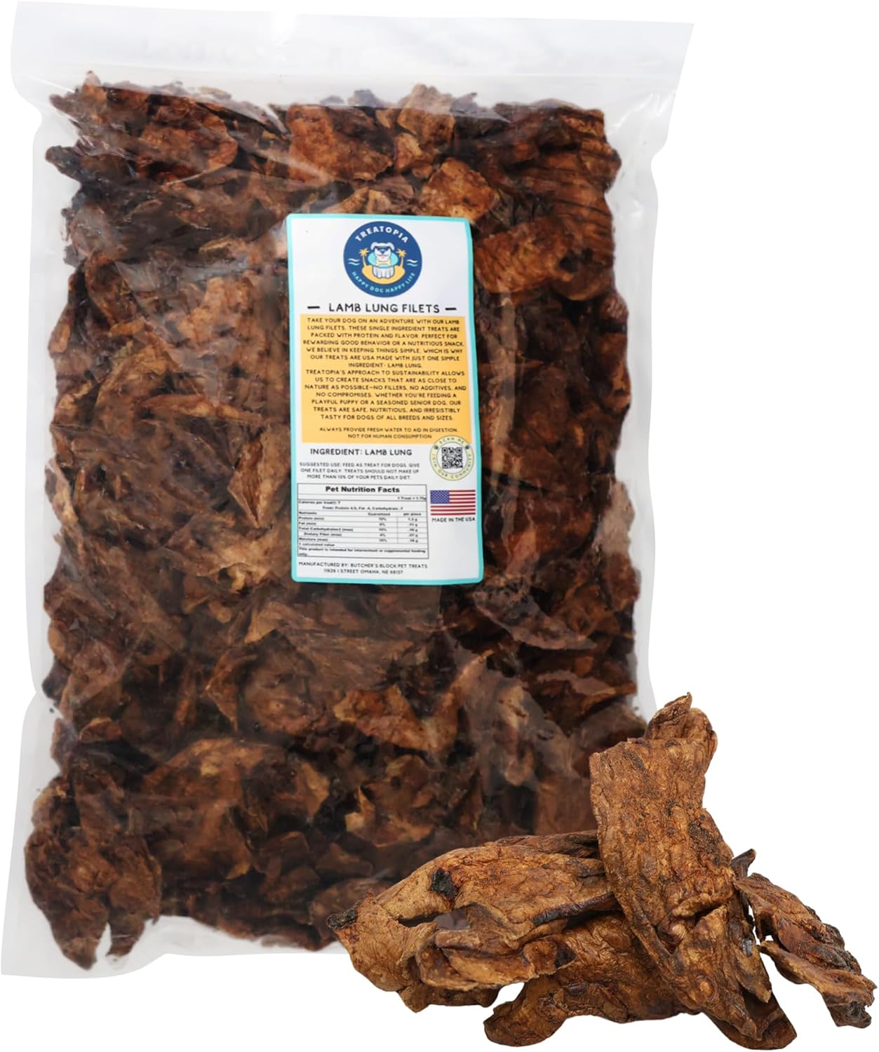 Lamb Lung Filet Dog Treats, 4 LB Bag - All-Natural, Sustainable, Healthy, High Protein, Hand-Trimmed, Slow-Roasted, Made in The USA, Nutritious, No Additives, No Fillers