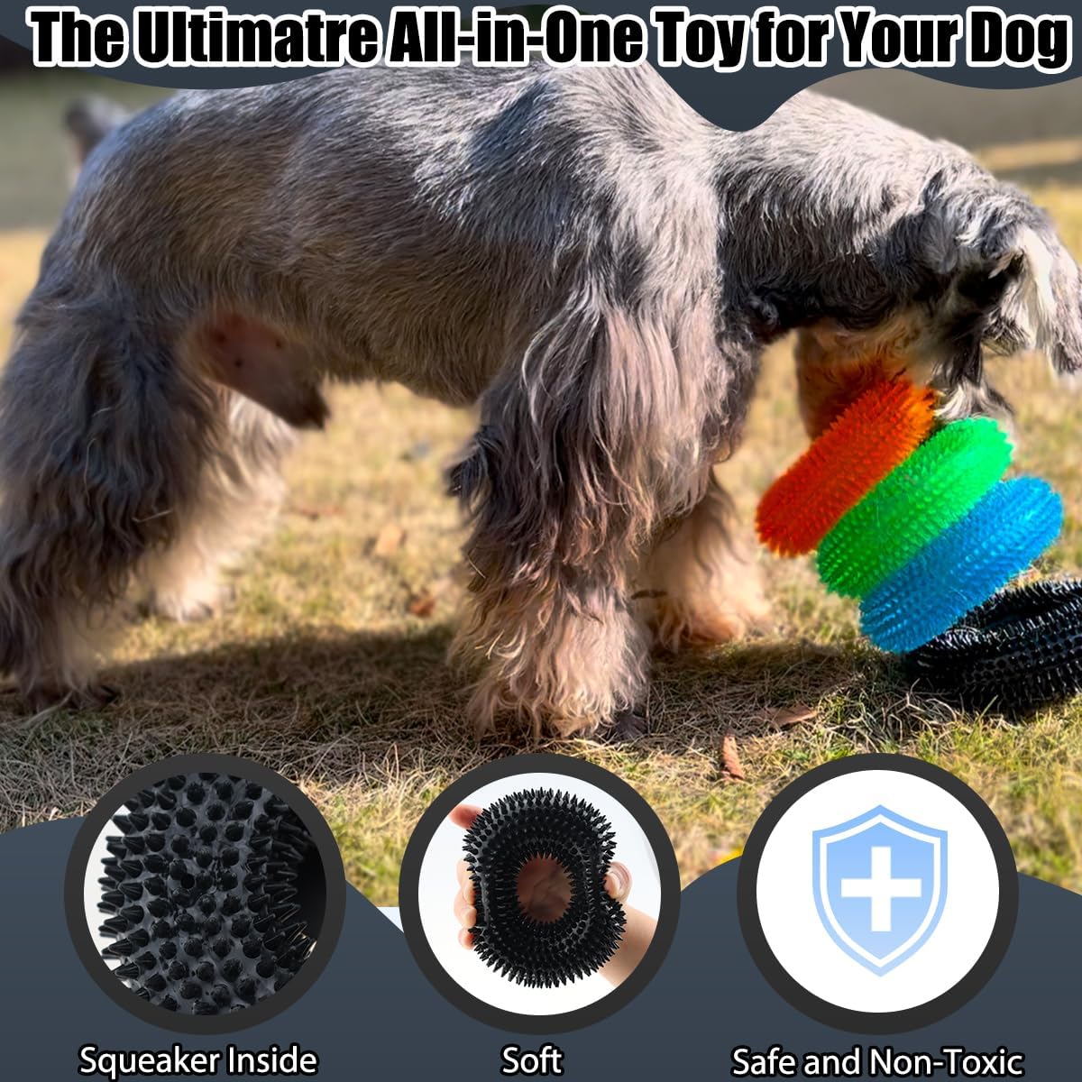 ADUCK Dog Squeaky Chew Toys for Aggressive Chewers, Small Medium Large Dogs Teeth Cleaning Soft Natural Rubber Float Toy for Indoor Outdoor Water Pool, Donut Ring Design 4.92 inch, Black