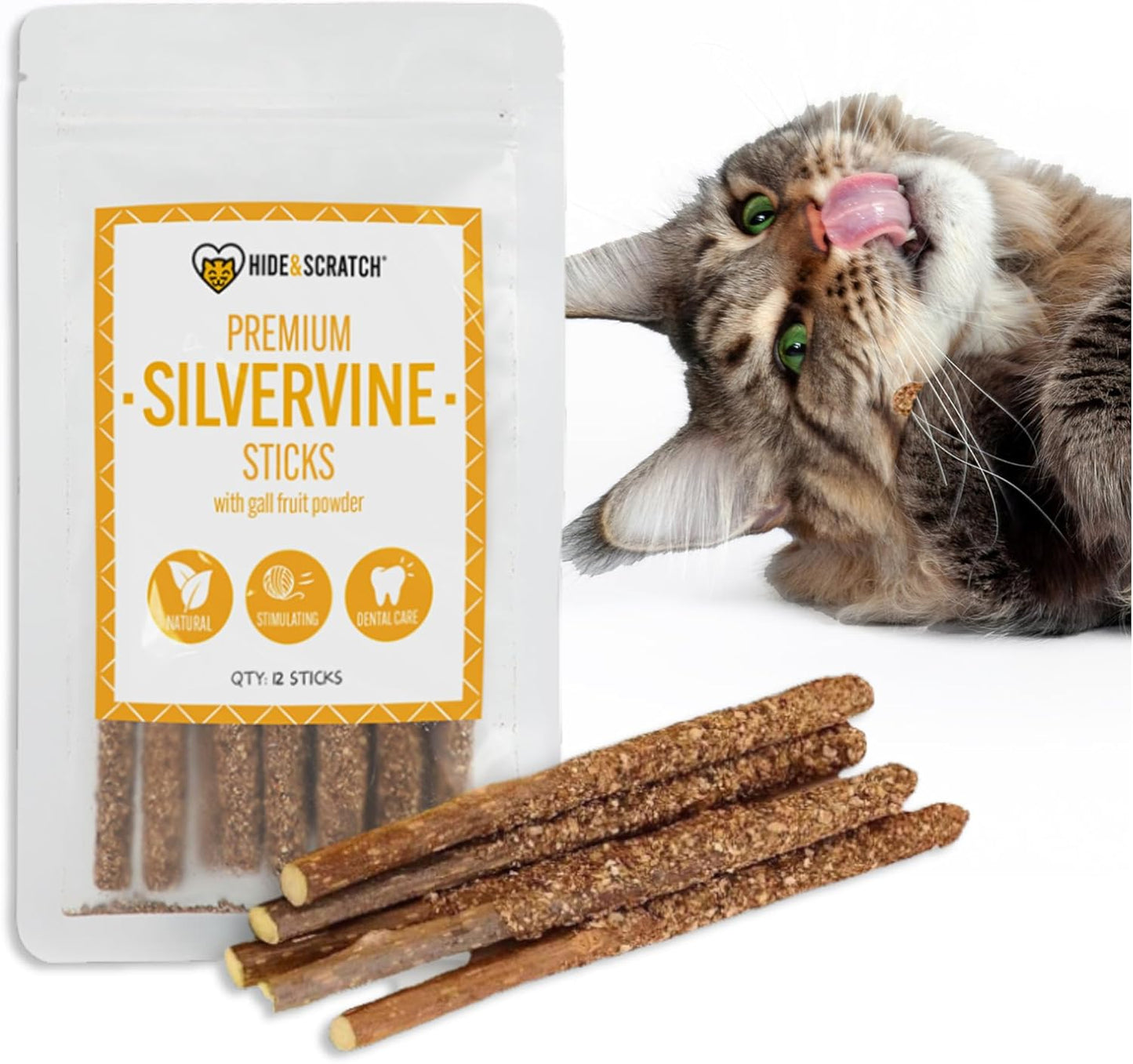 Hide & Scratch Premium Silvervine Sticks for Cats with Gall Fruit Powder for Extra Potency; Cat Enrichment Cat Chew Toy and Dental Sticks - More Effective Than Catnip Toys! (12 ct)