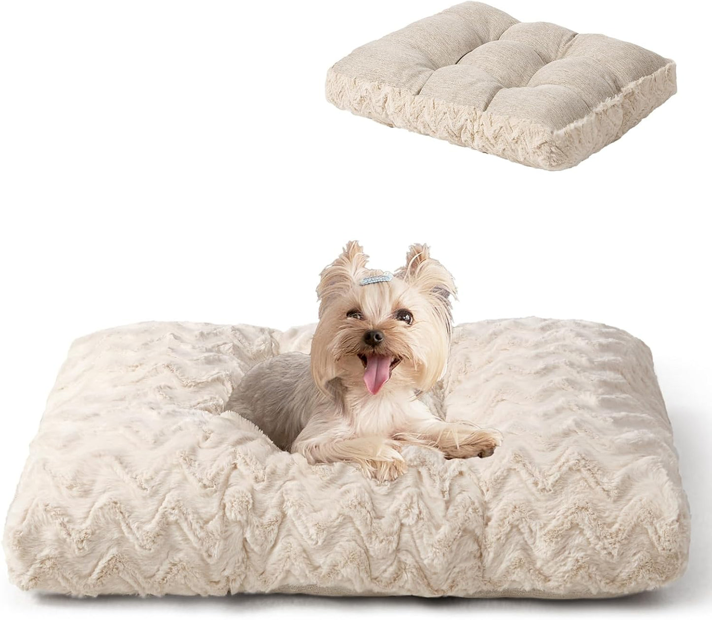 EHEYCIGA Reversible Dog Crate Bed Washable, Comfort Fluffy Plush Dog Kennel Pad for Small Doggie and Cats, Deluxe Machine Washable Pet Sleeping Mats, 23" x 18"x 3", Beige