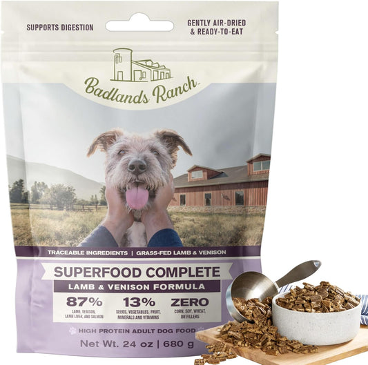 BADLANDS RANCH - Superfood Complete, Air-Dried Adult Dog Food - High Protein, Zero Fillers, Superfood Nutrition by Katherine Heigl (24 oz, Lamb & Venison)
