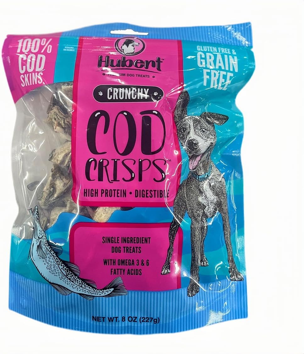 Hubert Pet Premium Cod Skin Crisps - Single Ingredient Gourmet Dog Treats, 8 oz Resealable Trial Size Bag