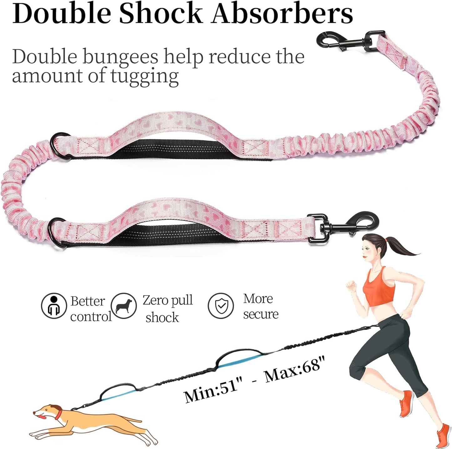 iYoShop Hands Free Dog Leash with Zipper Pouch, Dual Padded Handles and Durable Bungee for Walking, Jogging and Running Your Dog (Pink Heart, Large)