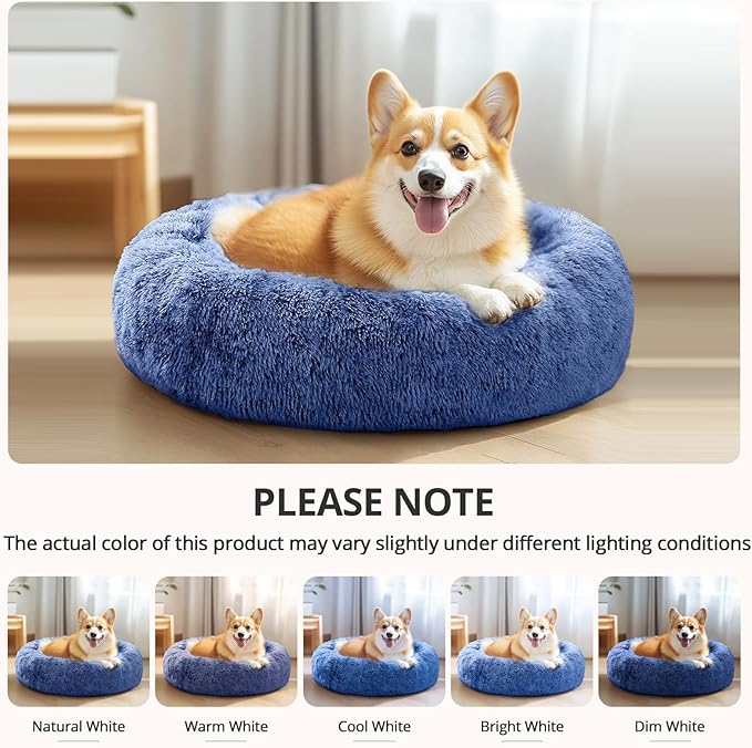 JOLLYVOGUE Calming Dog & Cat Bed for Small Dogs, Anti-Anxiety Donut Cuddler Cozy Soft Round Bed with Anti-Slip Bottom, Fluffy Faux Fur Plush Cushion Beds for Small Medium Pets (23")