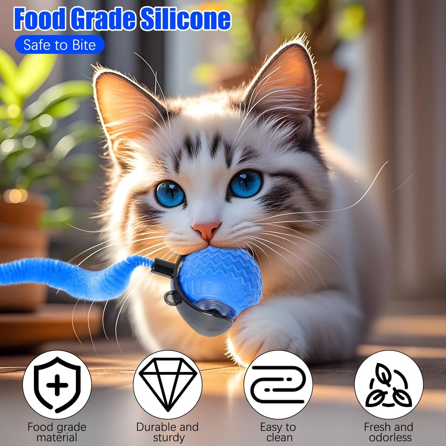 nteractive Cat Ball Toy, Cat Toy Ball with Cord Imitation Mouse, Obstacle Avoidance Smart CatToy Balls, Motion Activated Toys to Keep Them Busy (Blue, 1)