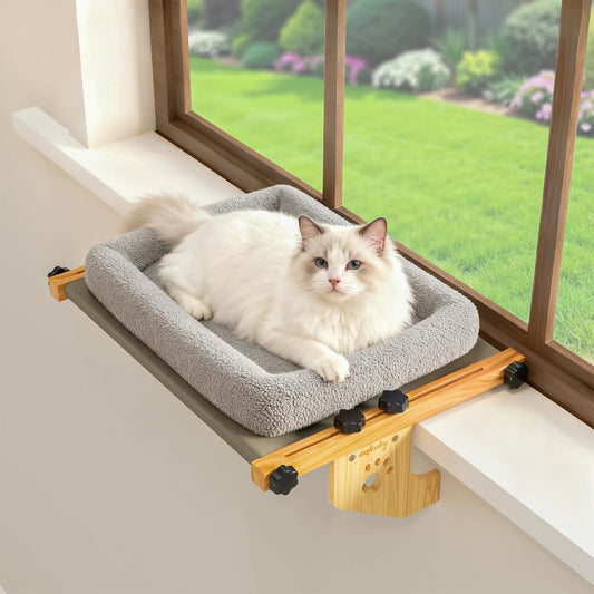 Cat Window Perch,Window Cat Bed for Large Cats with Sturdy Wooden Frame and Washable Bolster,Ideal for Pets to Sunbathe,Nap and Overlook,EZ to Adjust Cat Bed for Windowsill, Bedside,23.6x15IN(Gray,L)