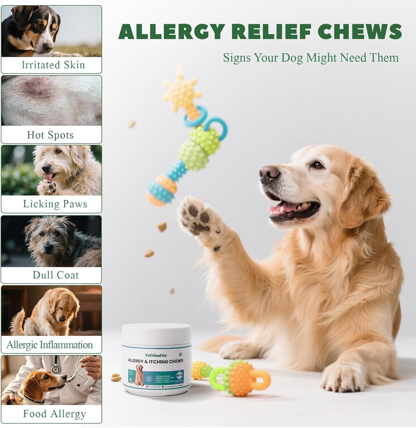 Dog Allergy Chews 120ct, Dogs Allergy Relief Chews for Paw Licking Itchy Skin Coat Supplement, Probiotics for Dogs with Colostrum Omega-3 Astragalus Immune Supplement