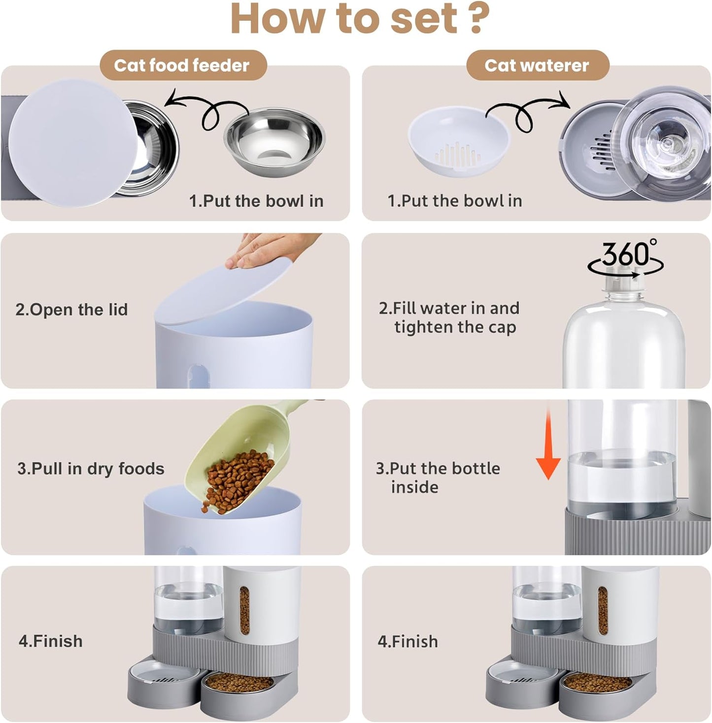 Automatic Dog Cat Water Dispenser Gravity Feeder and Water Dispenser Stainless Steel 2-in-1 Set Large Capacity Dispenser for Pets Dogs, Puppies, Kittens（Grey）