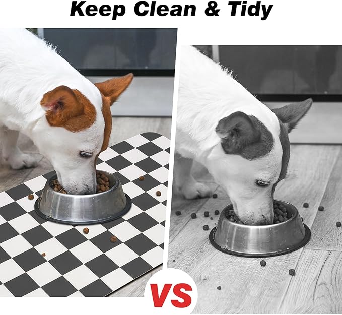 Checkered Pet Feeding Mat, Absorbent Dog Mat for Food and Water Bowls Dispenser 12" x 20" Black