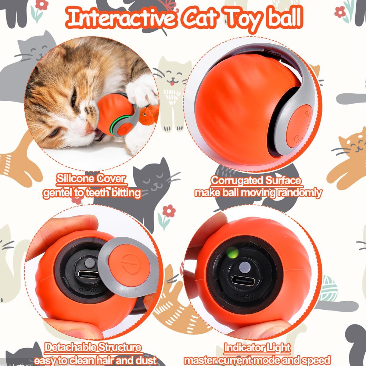 Interactive Cat Ball Toy, Self Rolling Ball with Cover Anti-Scratch for Bored Indoor Cat Chasing, Obstacle Avoidance Smart Cat Toys for Enrichment, Motion Activated Toys to Keep Them Busy （Orange）
