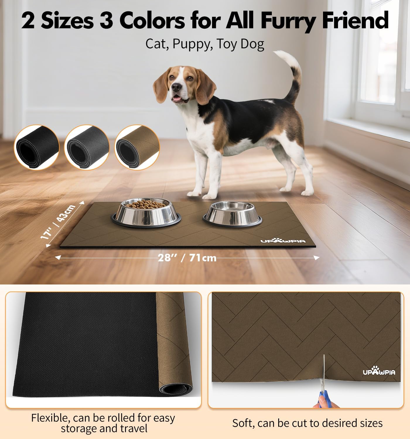 Pet Food Mat Absorbent Cat Food Mat Dog Mat for Food and Water Quick Dry No Stains Dog Feeding Mat Placemat for Messy Drinkers Cat Food Mats for Indoor Cats Bowl Mat Pet Supplies 17"X28" Brown