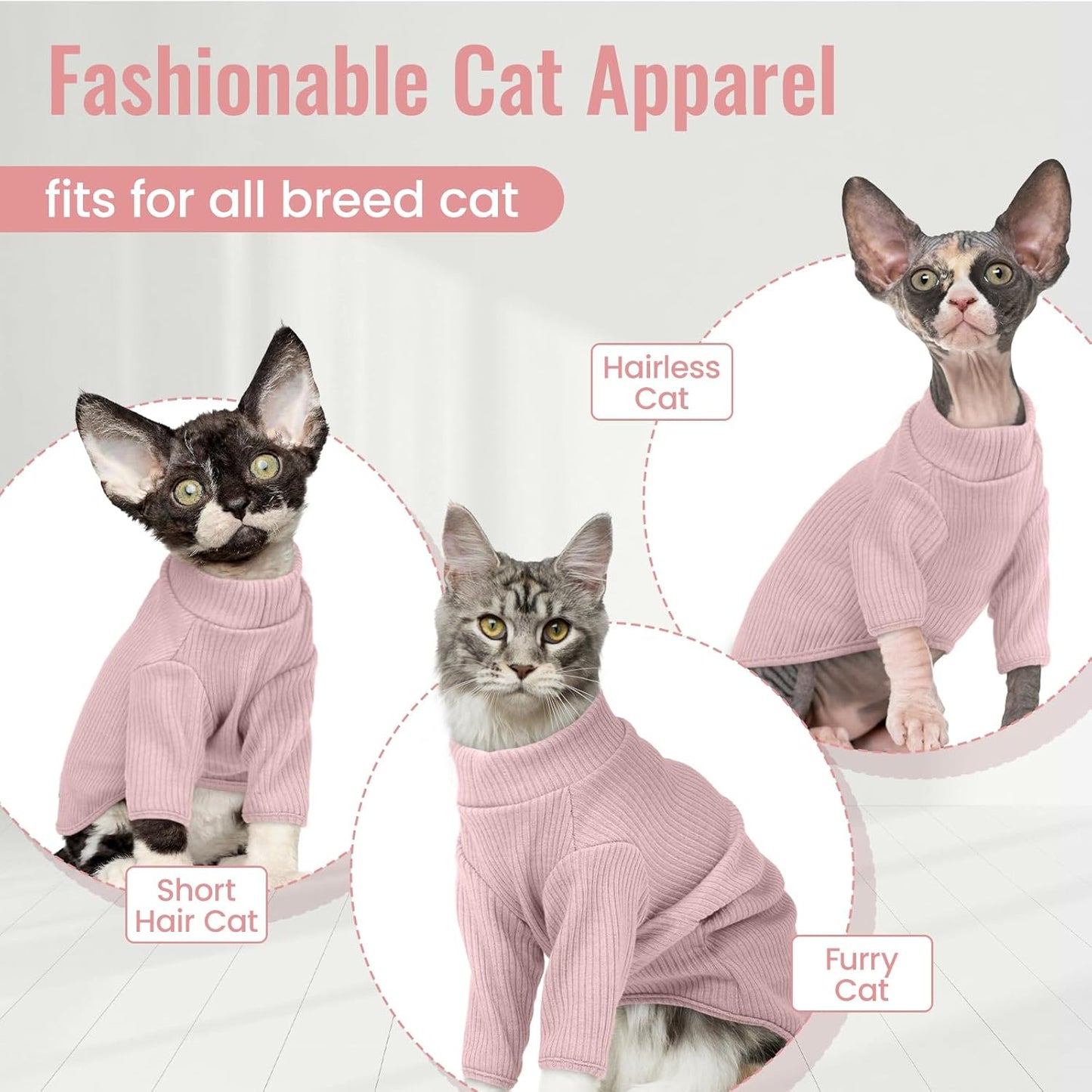 DENTRUN Sphynx Hairless Cats Shirt Pullover Kitten T-Shirts, Breathable Cat Wear Turtleneck Sweater Adorable Cat's Clothes Vest Pajamas Jumpsuit