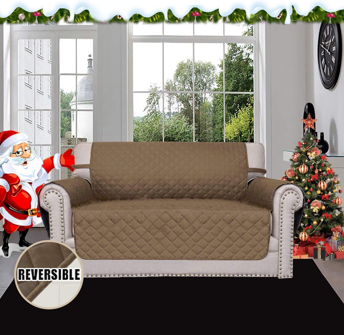 Easy-Going Reversible Loveseat Couch Cover for 2 Cushion Couch Sofa Cover for Dogs Water Resistant Furniture Protector with Foam Sticks Elastic Straps for Pet (Loveseat, Camel/Ivory)