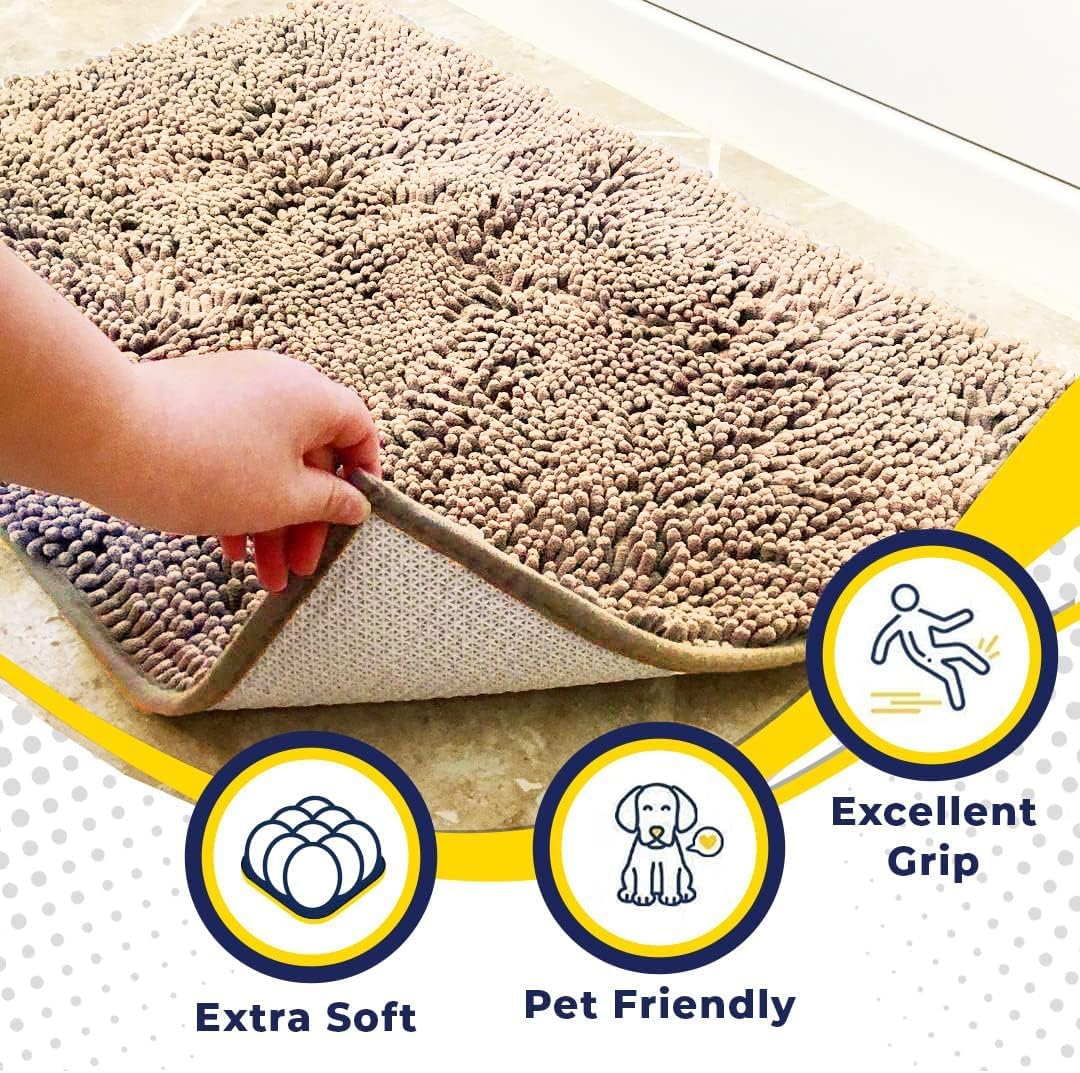 Muddy Mat® AS-SEEN-ON-TV Highly Absorbent Microfiber Door Mat and Pet Rug, Non Slip Thick Washable Area and Bath Mat Soft Chenille for Kitchen Bathroom Bedroom Indoor and Outdoor - Beige 35" x 60"