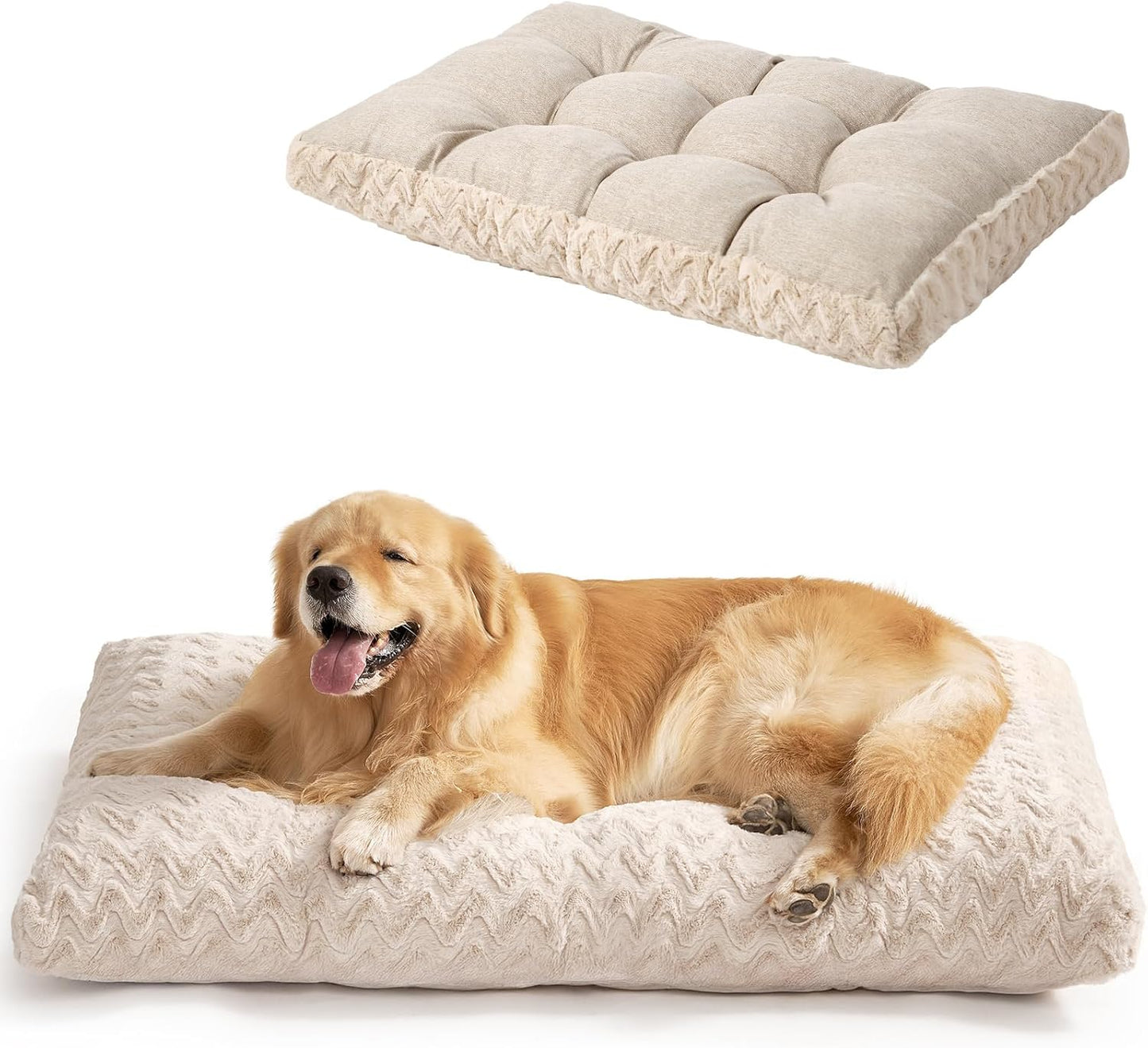 EHEYCIGA Reversible Dog Crate Bed Washable, Comfort Fluffy Plush Dog Kennel Pad for Extra Large Dogs, Deluxe Machine Washable XL Pet Sleeping Mats, 41" x 27"x 4", Beige