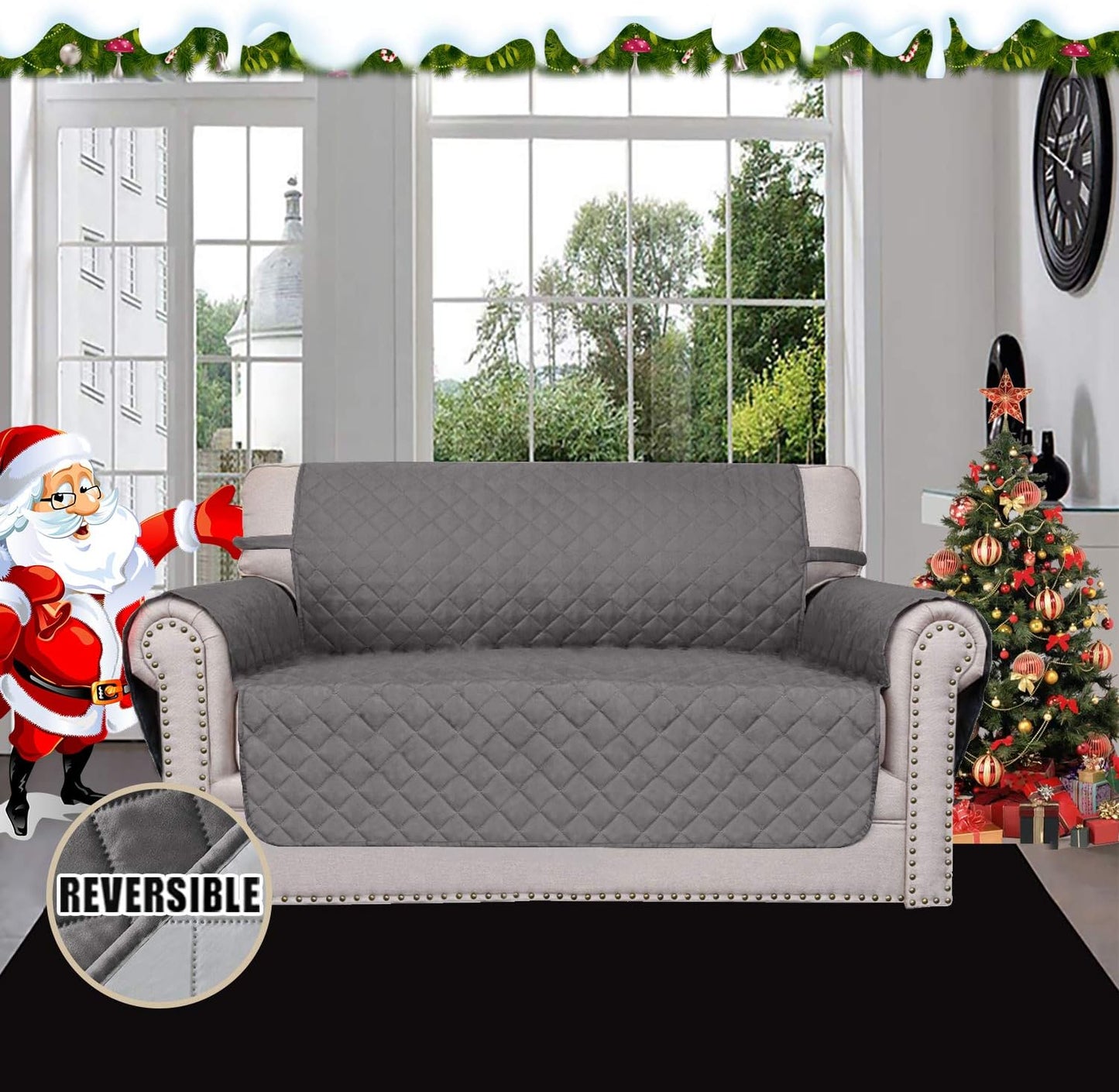 Easy-Going Reversible Loveseat Couch Cover for 2 Cushion Couch Sofa Cover for Dogs Water Resistant Furniture Protector with Foam Sticks Elastic Straps for Pet (Loveseat, Gray/Light Gray)