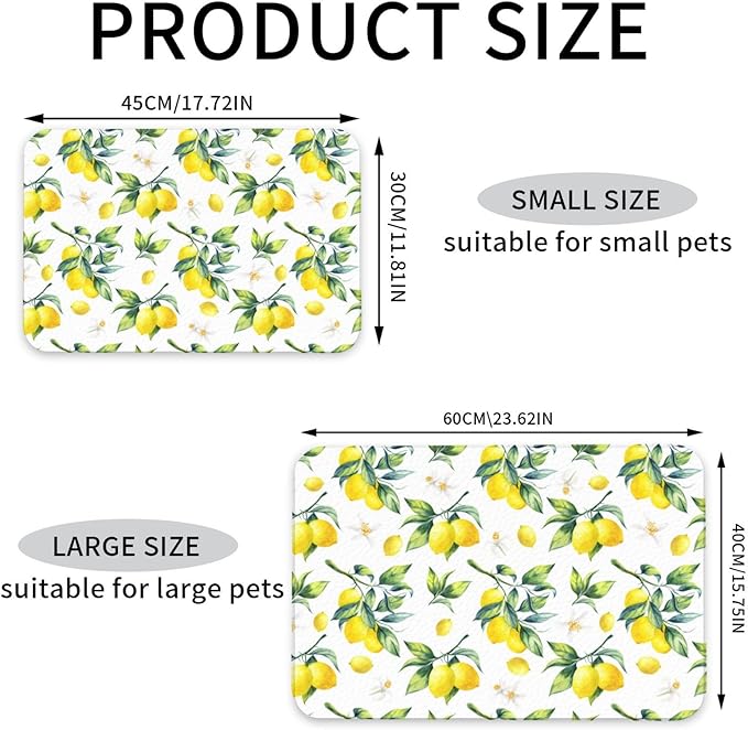 Tropical Lemon Leaves Dog Food Mat Absorbent Bowl Mats No Stains Quick Dry Waterproof Pet Cat Placemats for Food and Water, 30x45cm