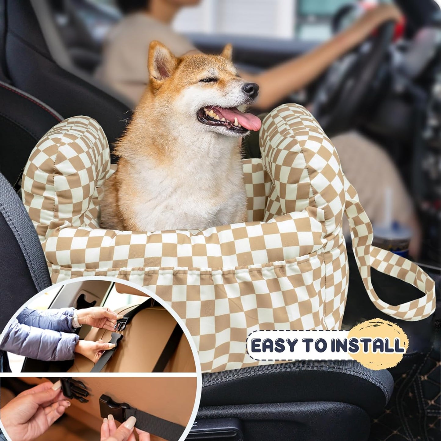 Dog Car Seat for Small Dogs, Portable Puppy Car Seat of Easy Installation, Fashionable Pet Carrier Bag with Large Pockets, Machine Washable Dog Booster Seat (Checkered Khaki)