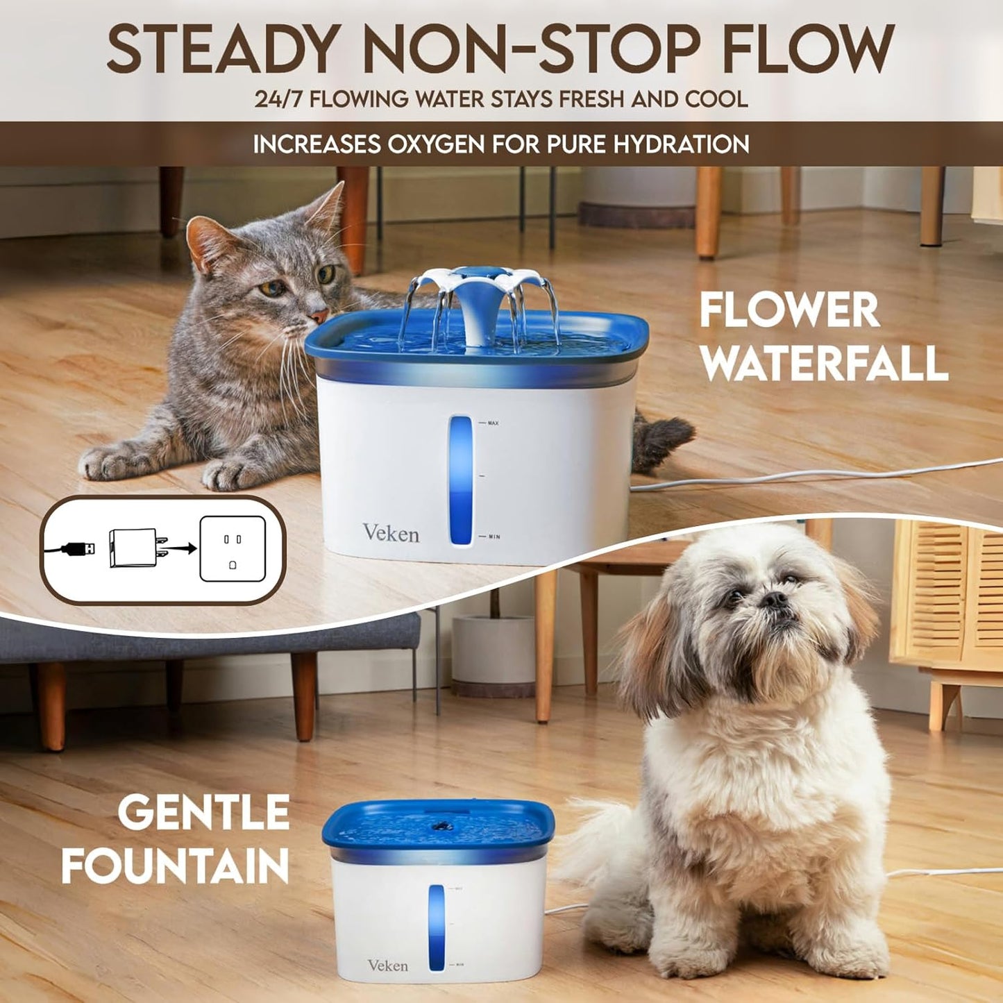 Veken Innovation Award Winner 95oz/2.8L Pet Fountain, Automatic Cat Water Fountain Dog Water Dispenser with Replacement Filters, Gifts for Christmas, Cats, Dogs, Multiple Pets (Blue, Plastic)