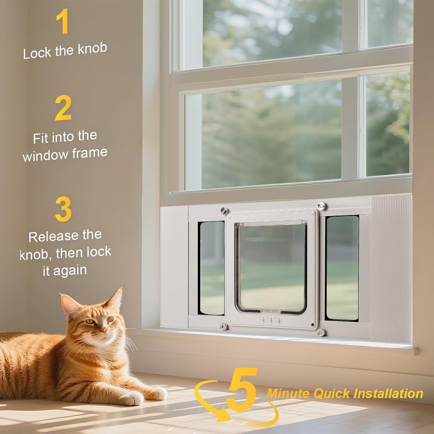 Compact Cat Door for Window,Fits 24"-28" Width Windows,Quick Install with No Damage,Aluminum Frame Pet Door for Window,Cat Window Door Insert with Tight Seal,4 Lock Modes to Control Pet Access