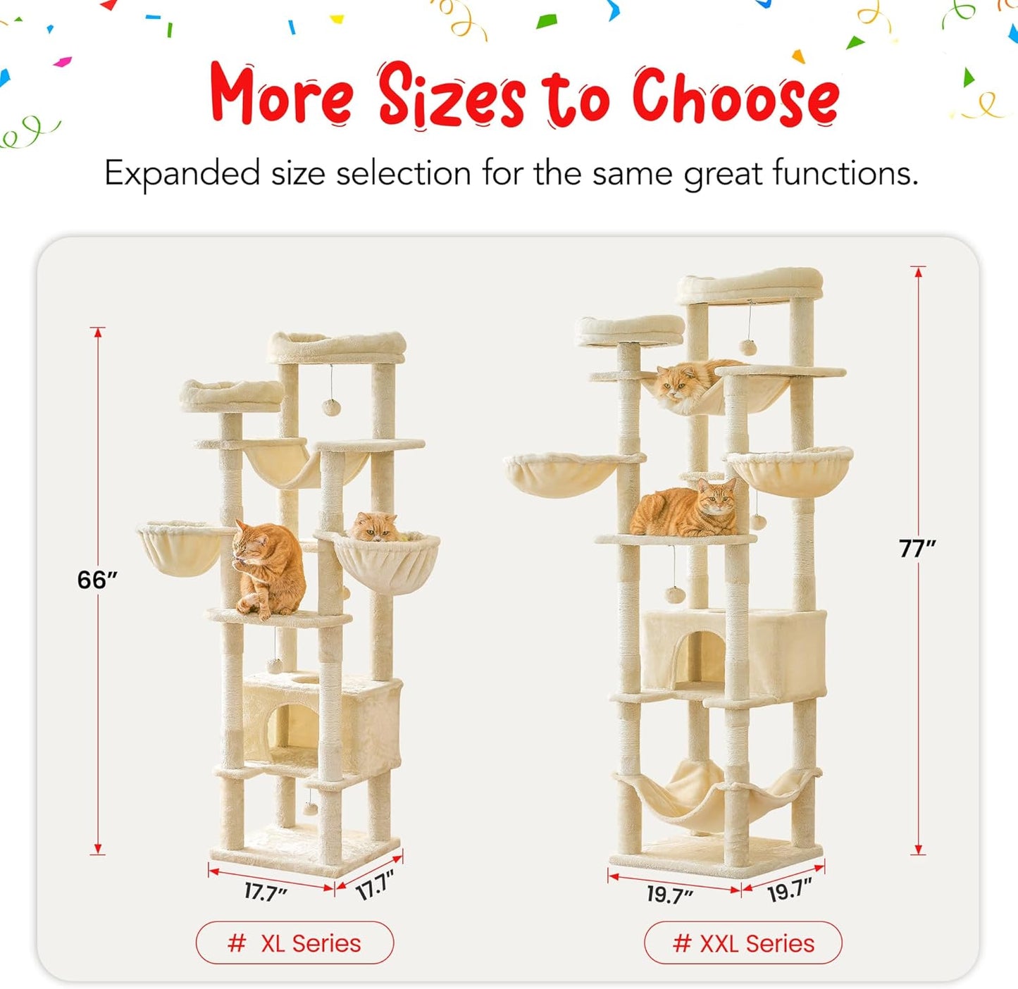 66-Inch Tall Cat Tree for Indoor Cats, Multi-Level Large Cat Tower with 3 Hammocks, 2 Padded Perches, cat Tree Tower with Scratching Post and Hanging Toys for Large Adult, Beige