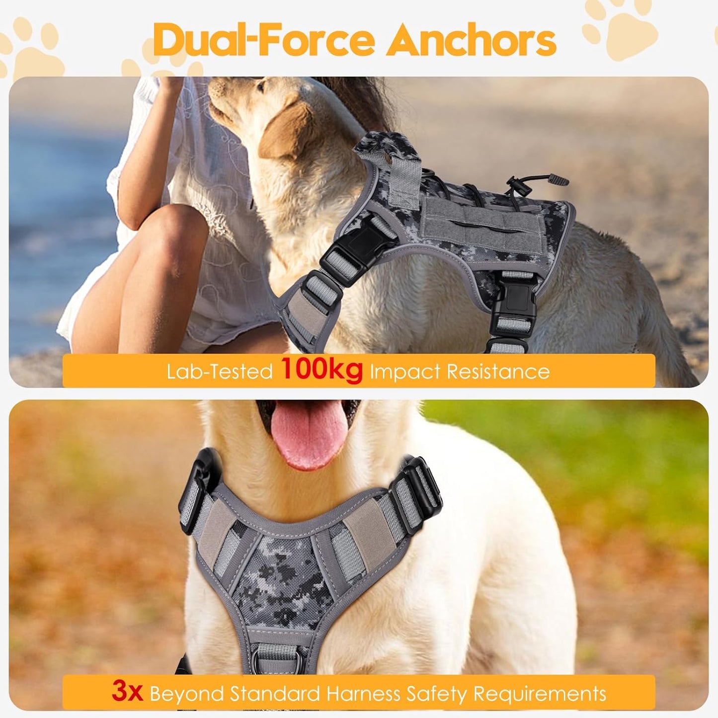 Heavy-Duty Tactical Dog Harness for Large Dogs, No Pull Adjustable Reflective Pet Vest with Molle System, K9 Military-Grade Control for Service Training, Outdoor & 10+ Breeds, Gray Camo, Medium