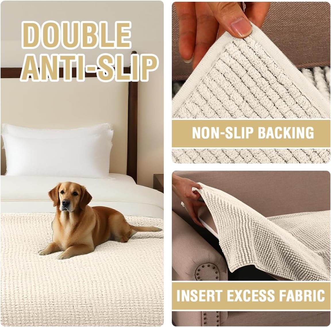 H.VERSAILTEX Plush Chenille Couch Cover for Dogs Pets Blanket for Bed Anti-Slip Soft and Durable Furniture Protector for Small Medium Large Cats Washable (52" x 82", Ivory)