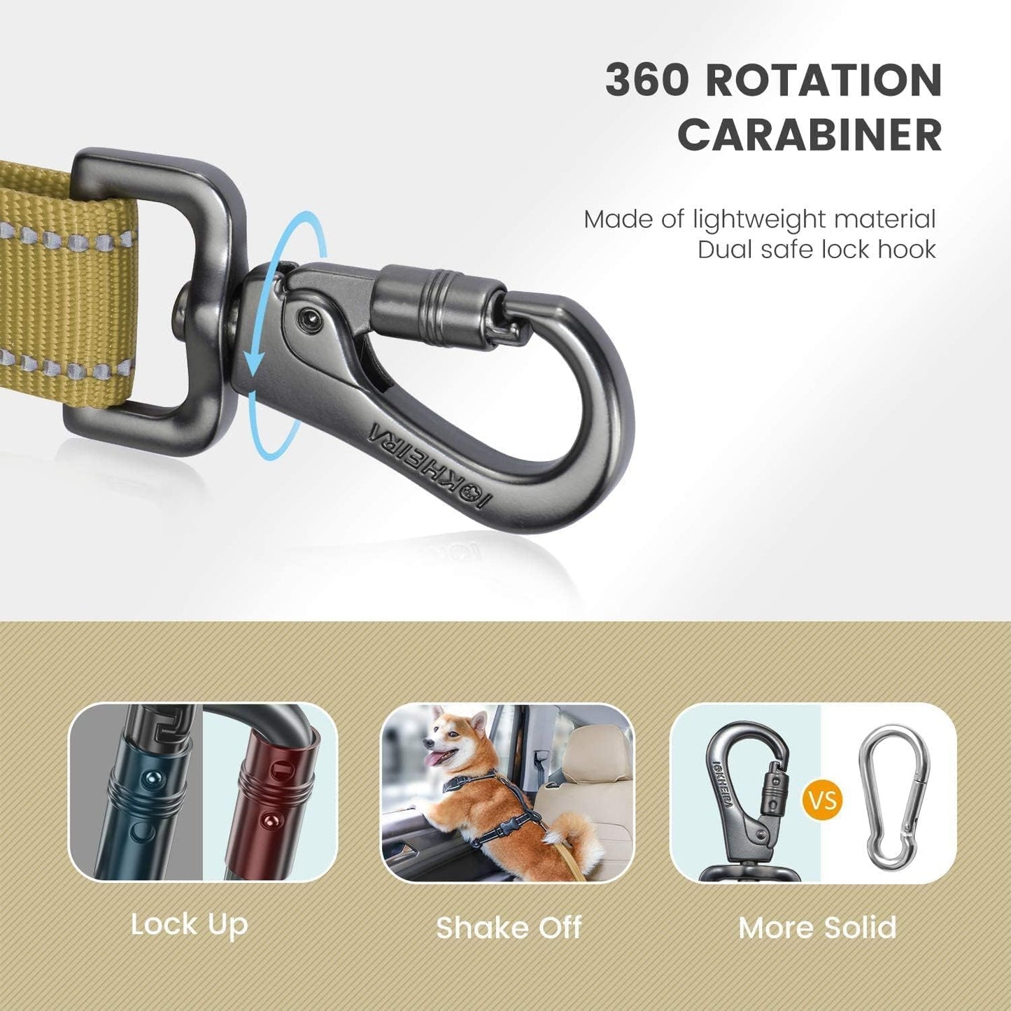 IOKHEIRA Dog Seat Belt 3-in-1 Car Harness for Pets Adjustable Safety Seatbelt Nylon Reflective Bungee Fabric Dog Car Harness with Clip Hook Latch & Buckle, Swivel Zinc Alloy Carabiner (Green)