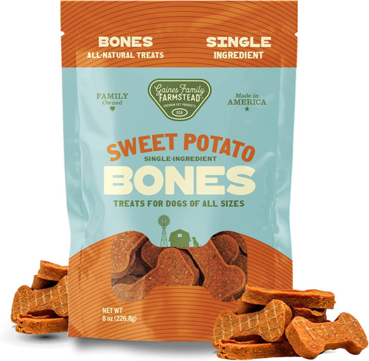 Gaines Family Farmstead Sweet Potato Dog Bones – 8 oz Bag, All-Natural, Single Ingredient, Grain-Free Dog Treats for Digestive Health, High Fiber - Training & Rewards, Made in USA