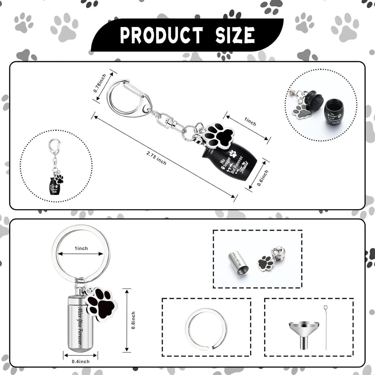 Kigeli 4 Pcs Pet Ashes Keepsake Keychain for Dog Pet Ashes Urn with 4 Pcs Filling Tools Memorial Cylinder Cat Cremation Jewelry Pend Paw Print Urn Pendant 2 Styles
