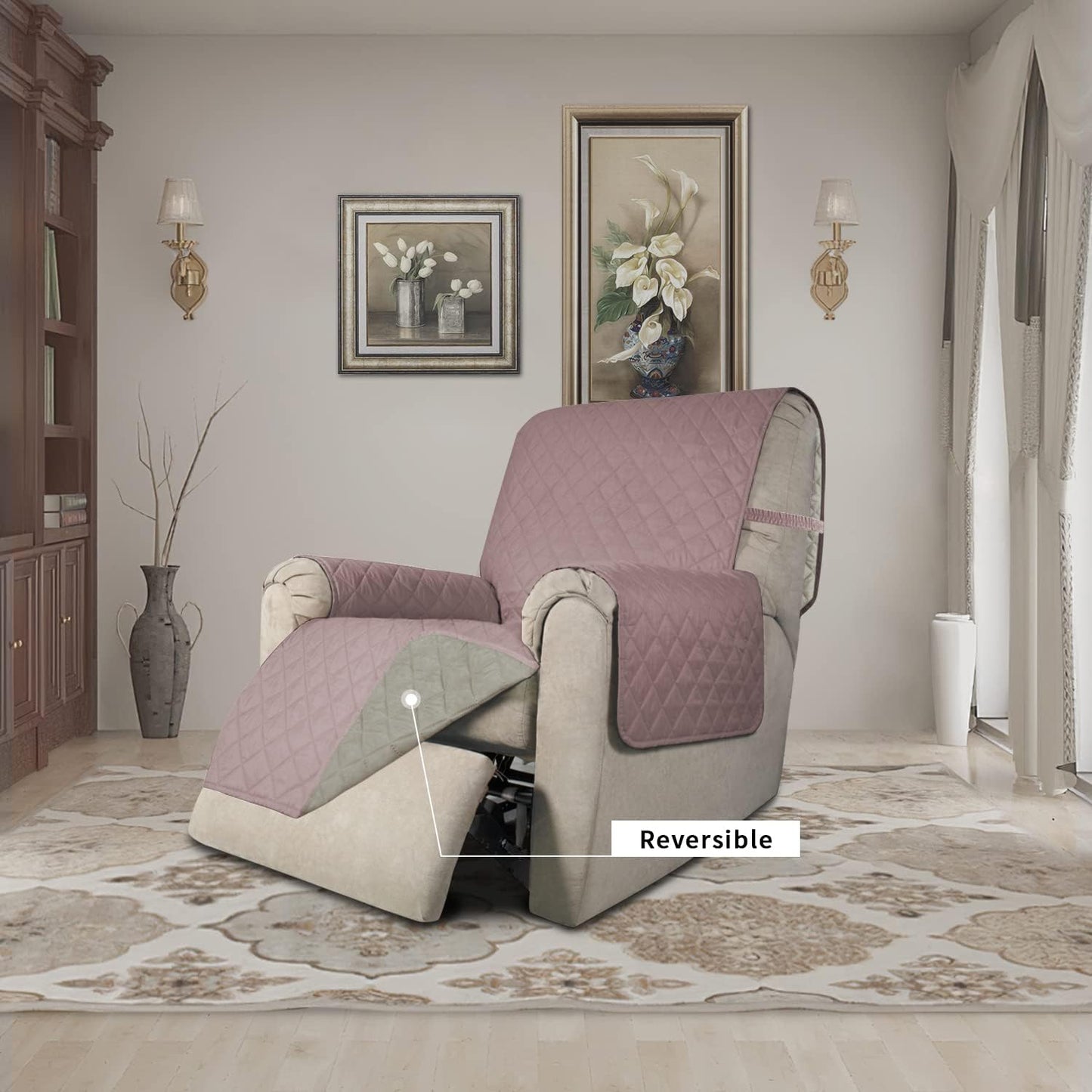 Easy-Going Recliner Chair Slipcover Reversible Sofa Cover Water Resistant Couch Cover Furniture Protector with Elastic Straps for Pets Dog (Recliner 22 inch, Pink/Beige)