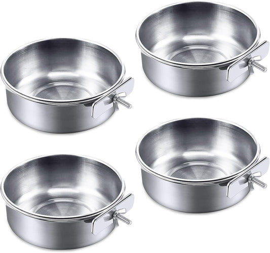 kathson 4 Pack Bird Feeding Dish Cups, Stainless Steel Parrot Feeders Water Cage Bowls with Clamp Holder Bird Feeders for Parakeet Cockatiels Conure Budgies Lovebird Finch and Small Animals