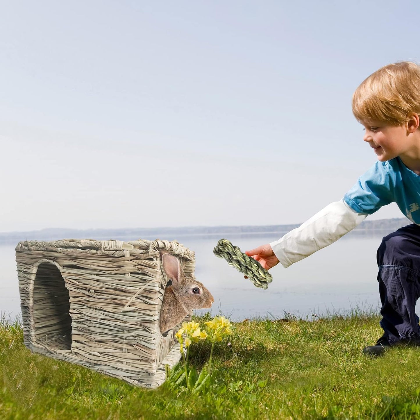 Hamiledyi 2PCS Large Grass House for Rabbit, Edible Bunny Hut Natural Grass Woven Foldable Pet Play Hideaway Hay Mat Chew Toys for Guinea Pig Hamster Chinchilla 14.5x11.4x10.2 inches