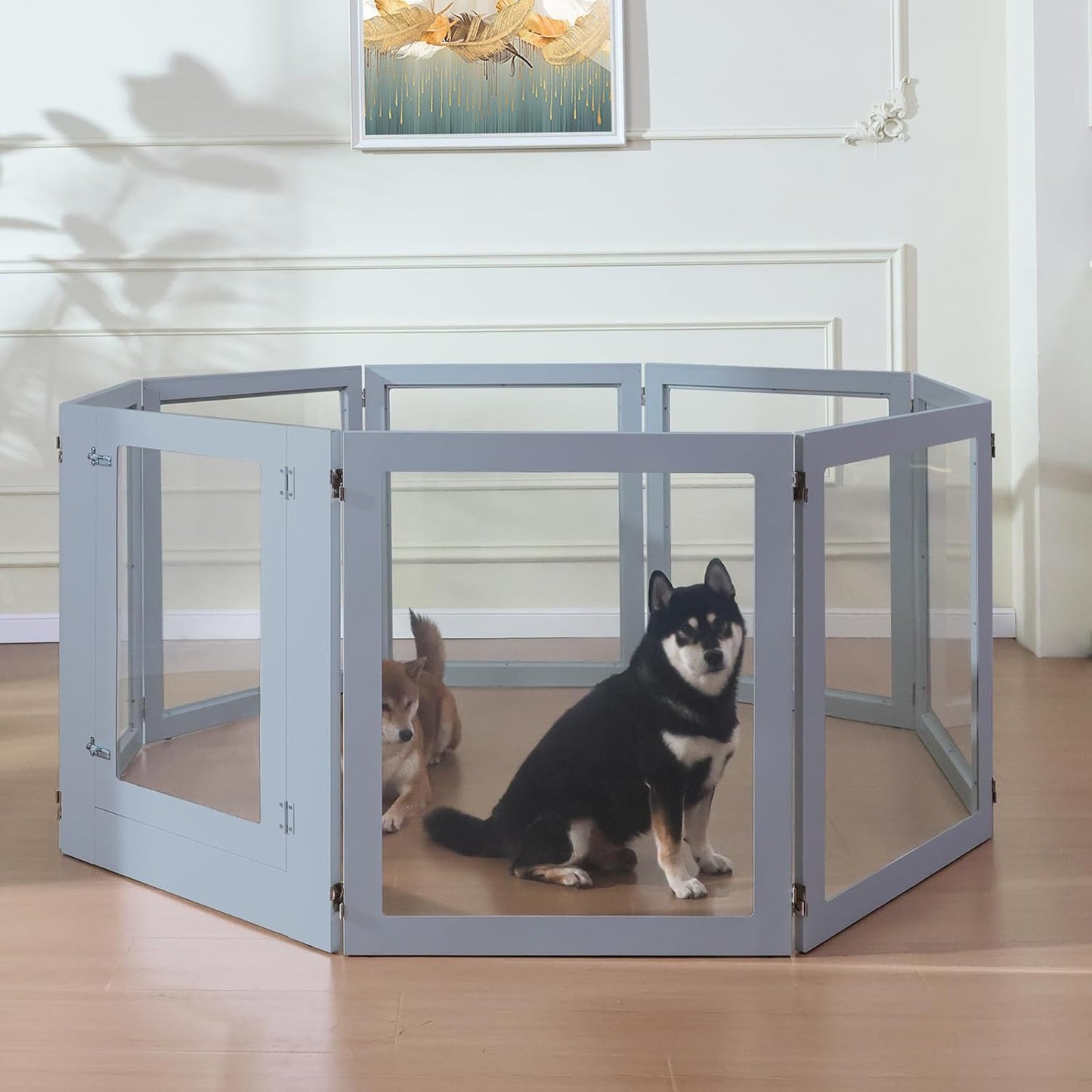 Heavy Duty Clear Acrylic Dog Playpen, Transparent Pet Pen, Metal Frame Easy Assemble Kennel Enclosure, Ideal for Small to Medium Dogs, Cats, and Other Small Pets (Grey, 2 Panels)