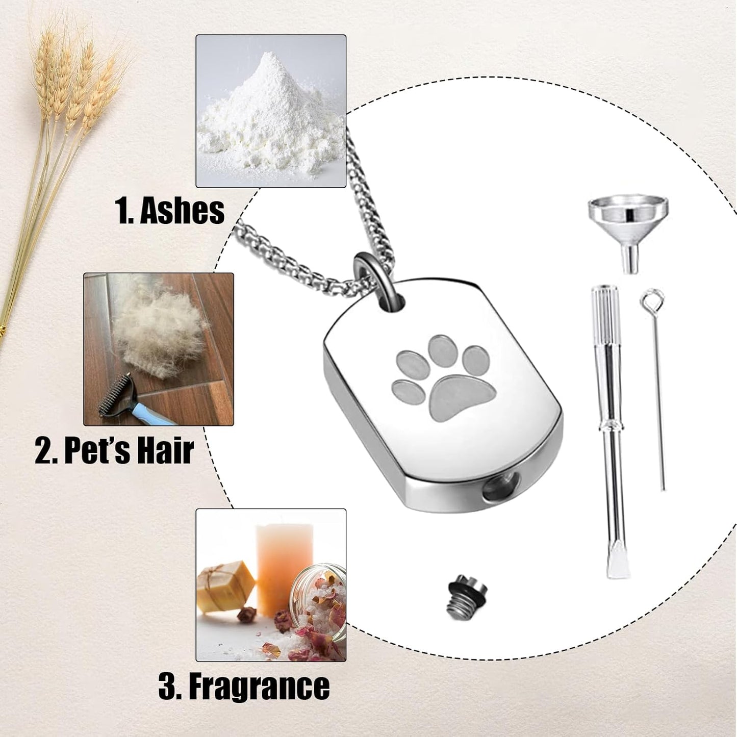 Personalized Pet Urn Necklace for Dog Ashes Custom Engraving Photo Text Pet Cremation Jewelry Customize Memorial Gift for Pet Dog Cat Ashes Necklace(04-Silver)