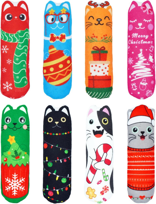 PET SHOW 8 Pack Christmas Cat Kicker Toys with Catnip Crinkle Sound Toys for Indoor Cats Xmas Santa Gift Patterns Plush Kittens Shape Natural Interactive Pet Kitty