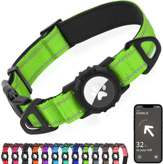 Joytale Airtag Dog Collar, Reflective Pet Collar with Waterproof AirTag Holder, Dual D-Rings, Soft Padded Adjustable for Extra Large Dogs, Green, XL