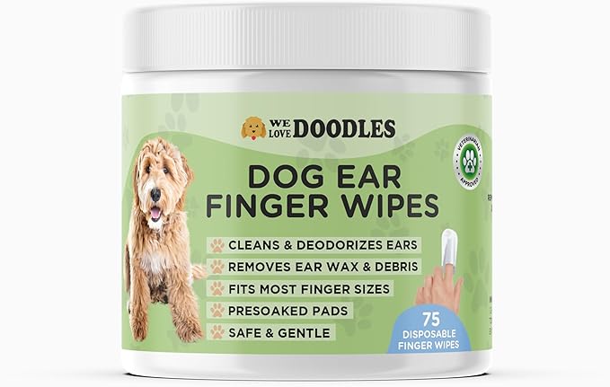 We Love Doodles Dog Ear Wipes - Pre Soaked Finger Ear Wipes for Dogs, Safe & Gentle Ear Cleaner for Dogs, Cleans & Deodorizes, Pet Wipes for Dogs, Dog Cleaning Wipes for Easy Grooming (75 Pieces)