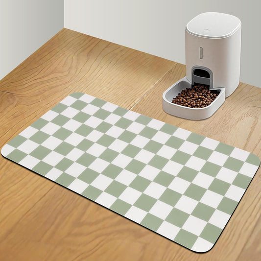 Checkered Pet Feeding Mat, Absorbent Dog Mat for Food and Water Bowls Dispenser 17" x 32" Green